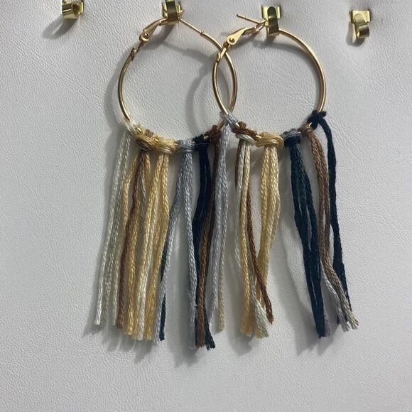 Boho Fringe Hoop Earrings Gold Neutral Colors - Picture 2 of 5